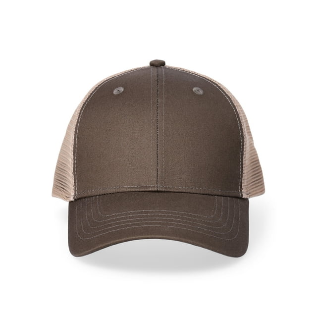 6 Panel Cotton Twill Tan Mesh Back Baseball Cap w/ leather 