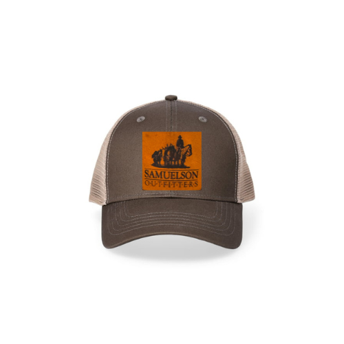 Tan Mesh Back Baseball Cap w/ Upclycled Patch 6 Panel Cotton Twill Tan Mesh Back Baseball Cap w/ leather  main image 2